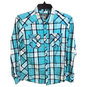 BKE Shirt Men’s Size M Teal White Plaids Standard Fit Button Front Long Sleeve